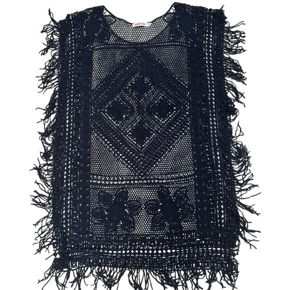 JOHNNY WAS Black Crochet‎ Fringe Tunic Top Small Boho Beach Festival Cover-Up